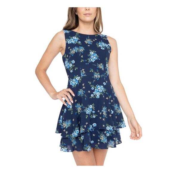 B DARLIN Womens Navy Low-back Round Neck Short Layered Dress 3\4 - Picture 1 of 3